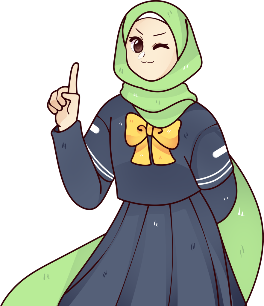 Winking illustrated Muslim Manga character raising one finger to share a helpful tip
