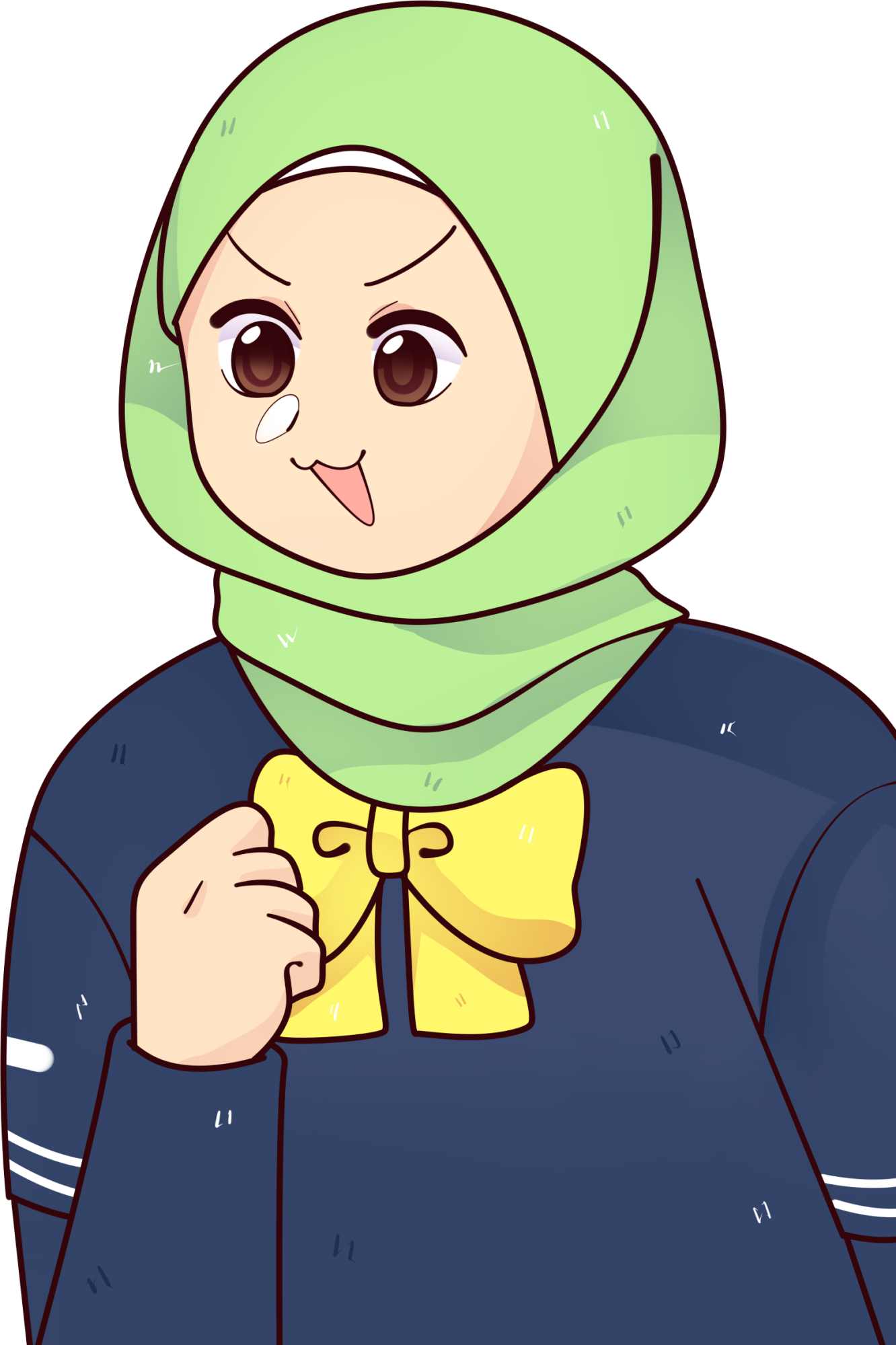 Playful illustrated Muslim Manga character in a green hijab giving a thumbs up