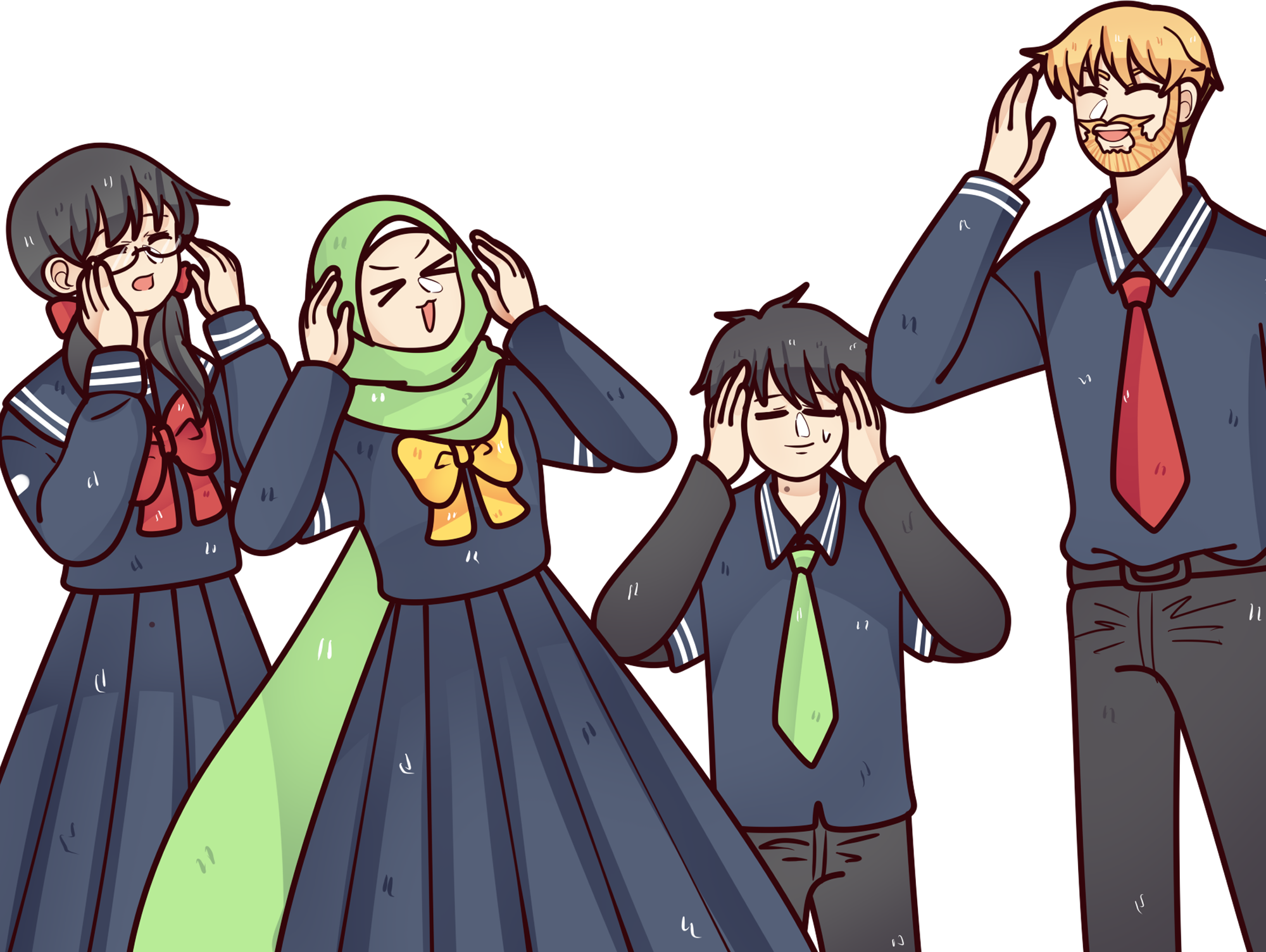 Four cheerful Muslim Manga community characters posing together
