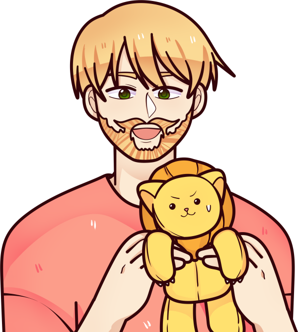 Muslim Manga creator holding Poji the lion mascot